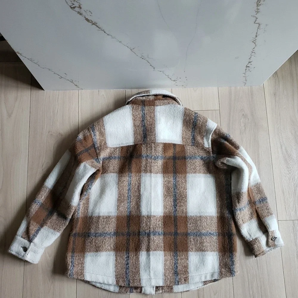 Avec Les Filles Shacket Womens XS‎ Brown Plaid Oversized Shirt Jacket